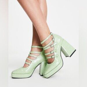 Daisy Street heeled shoes with strap detailing in sage green vinyl